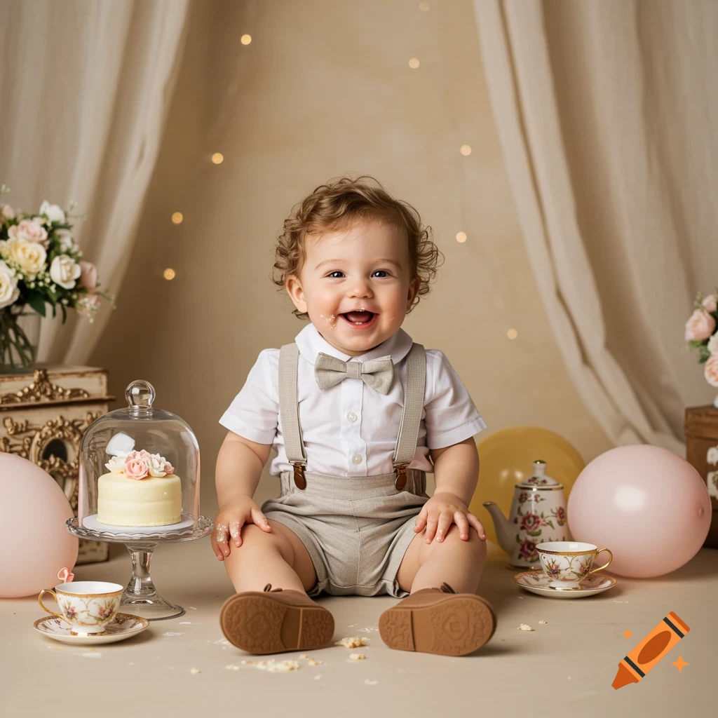 Smiling baby boy in a bow tie and suspenders, covered in cake icing during a first birthday cake smash in a whimsical tea party setting.