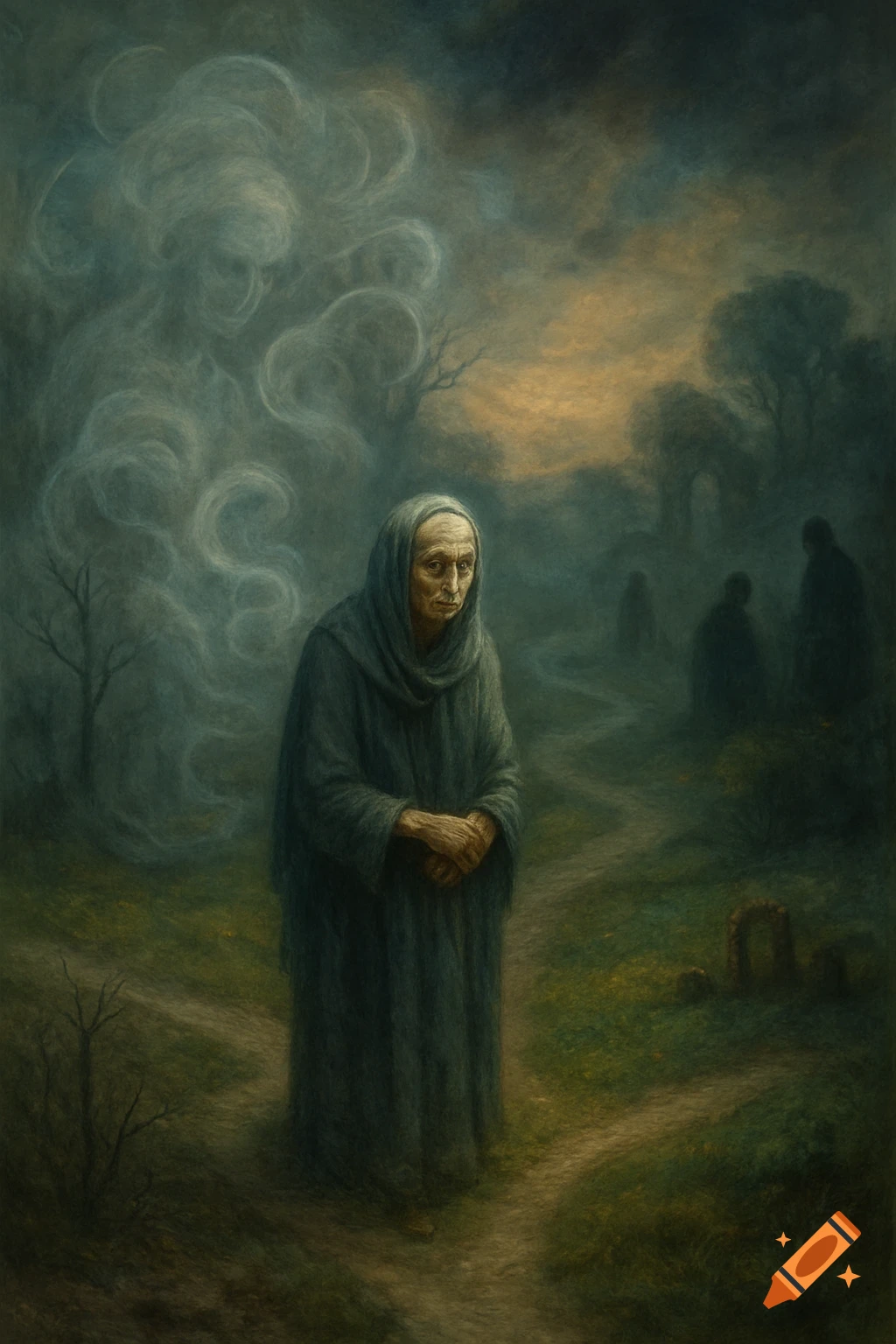 Somber painting of an elderly person in a dark hooded robe amidst swirling mist and shadowy figures on a path in a gloomy landscape.