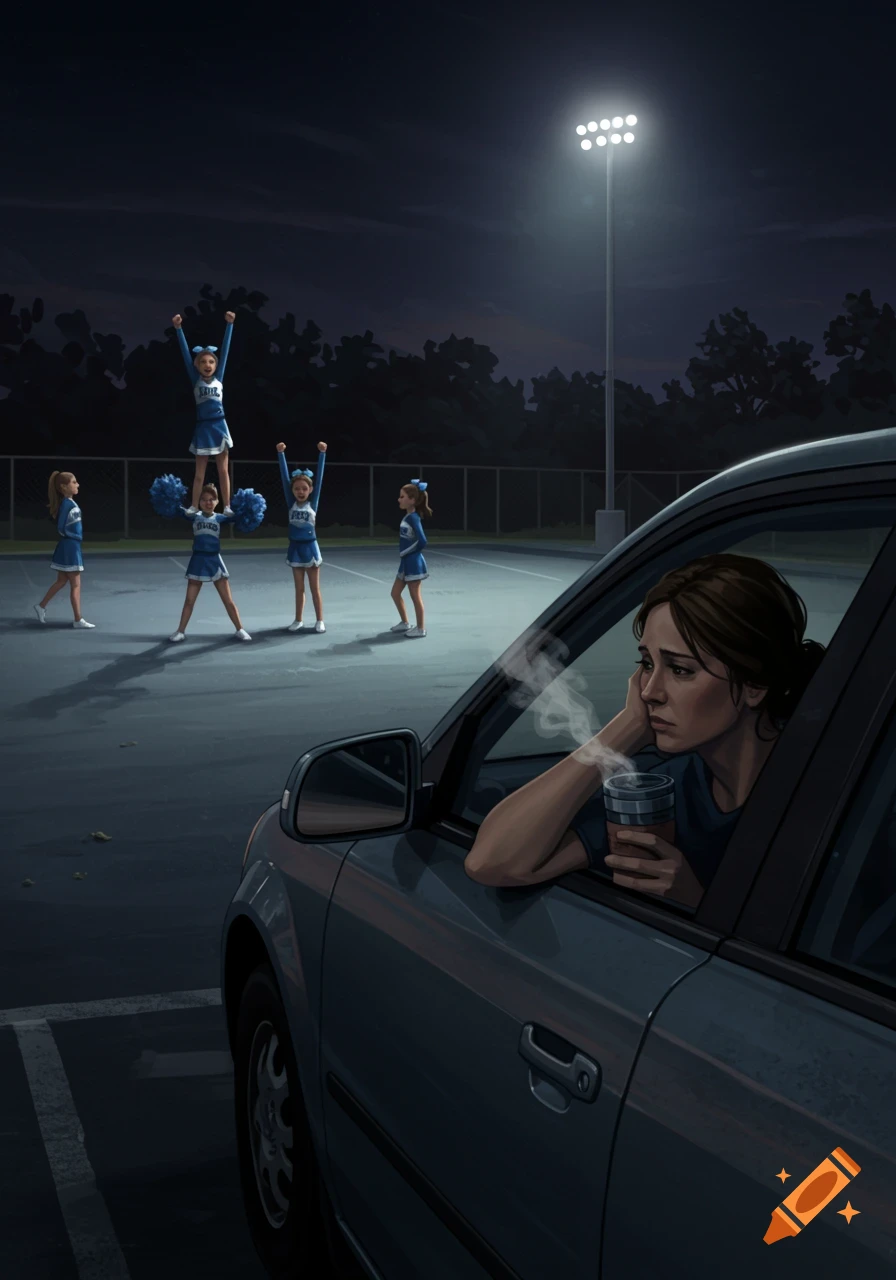 A tired mother sits in her car, watching young cheerleaders practice stunts under stadium lights at night. Illustration.