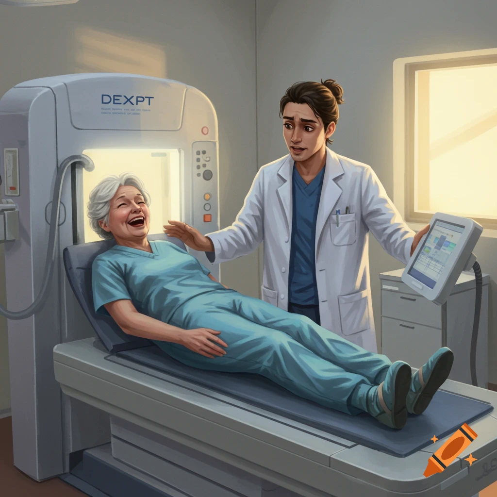 Cartoon of a smiling elderly patient on a medical scanner bed with an exasperated healthcare worker holding a tablet in a clinic room.