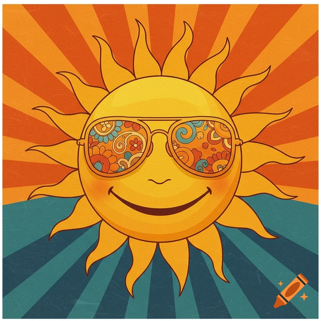 A smiling retro 70s sun with sunglasses reflecting colorful psychedelic patterns, against orange and teal rays.