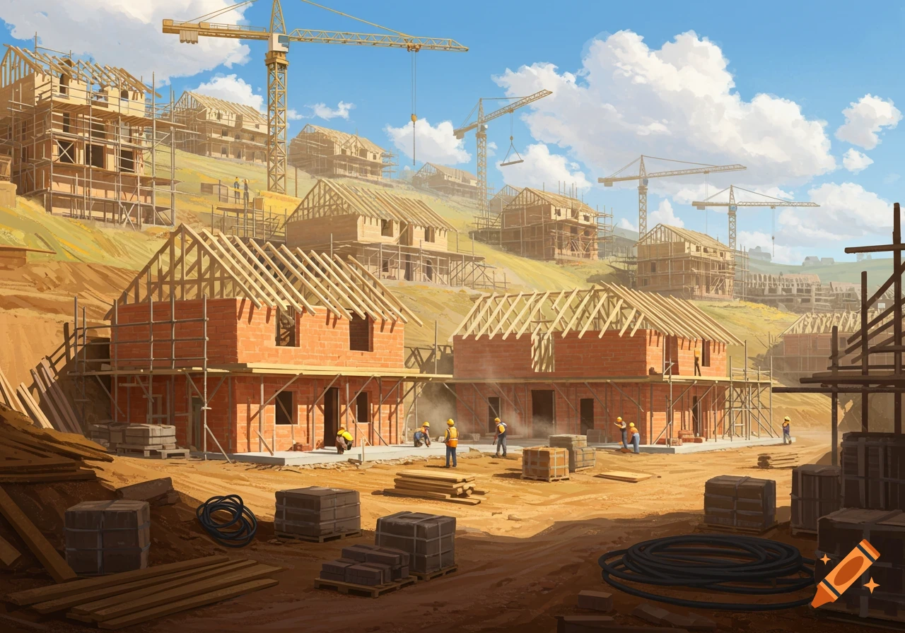 Illustrated view of a large hillside construction site with multiple houses under construction, cranes, and busy workers.