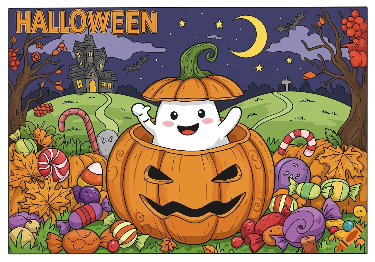 Cartoon Halloween scene with a happy ghost in a jack-o'-lantern, surrounded by candy, a haunted house, and a graveyard at night.