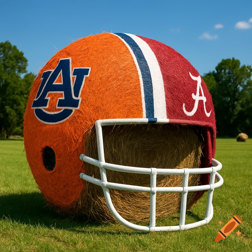 Photorealistic giant hay bale football helmet, split orange with AU logo and crimson with script A logo, in a grassy field.