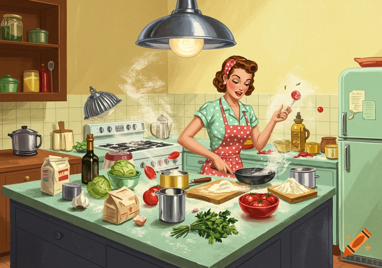 Retro illustration of a woman cooking in a vintage kitchen, surrounded by ingredients and kitchenware.