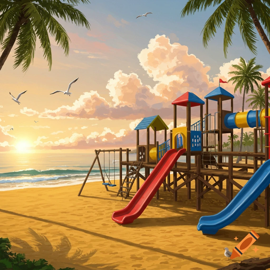 A colorful playground with slides and swings on a sandy beach at sunset, with palm trees and seagulls flying over the ocean.