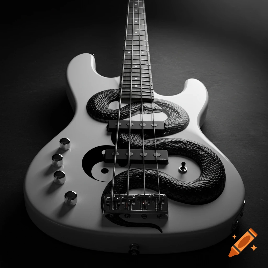 A white bass guitar with a black snake design wrapped around its body and a yin-yang symbol, shot from a high angle.