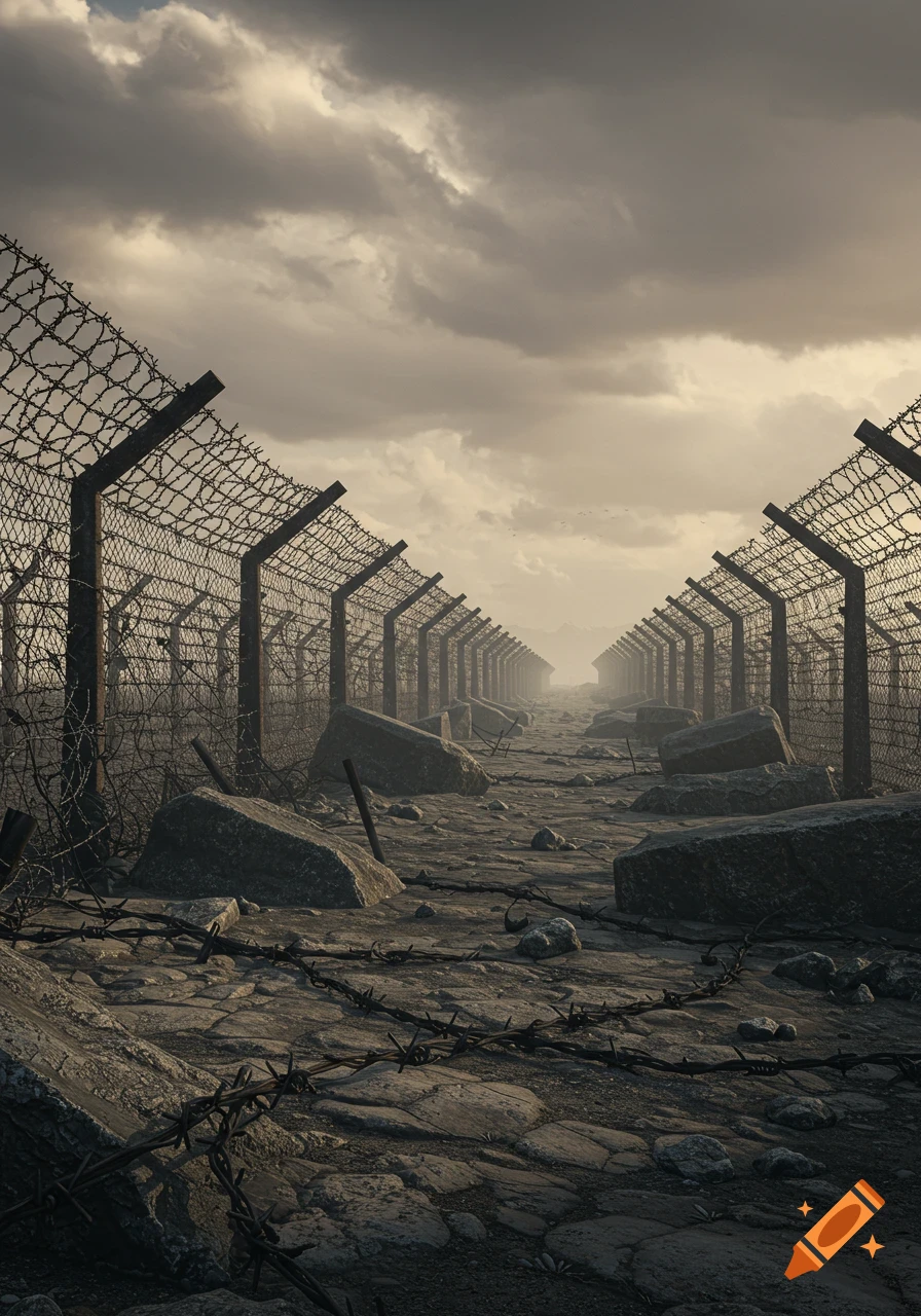 A desolate, barren landscape featuring long barbed wire fences on either side of a rocky path under a cloudy sky, with scattered debris.
