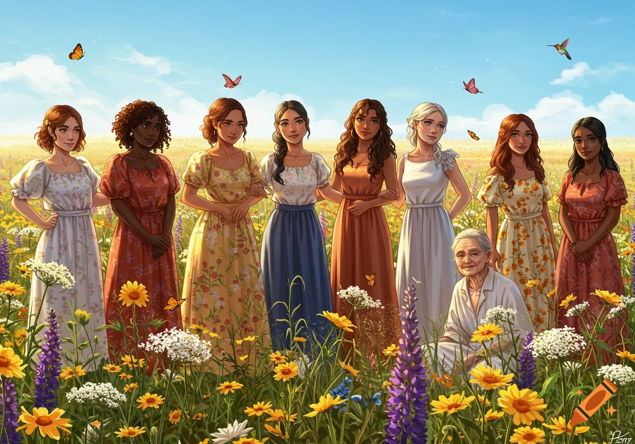 An illustration of a diverse group of women and an older woman standing in a sunny field of colorful wildflowers.