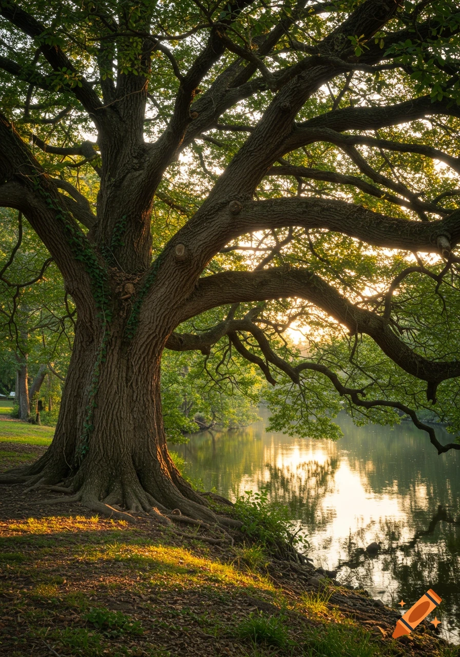 A majestic oak tree with sprawling branches stands on a riverbank, bathed in the golden light of sunset or sunrise.