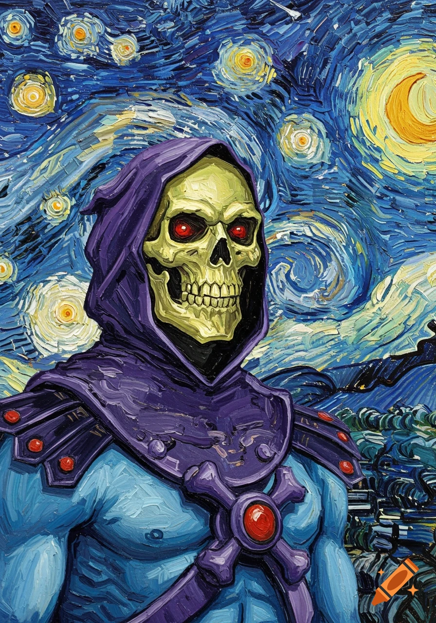 Skeletor from He-Man painted in the vibrant, swirling style of Van Gogh's Starry Night.