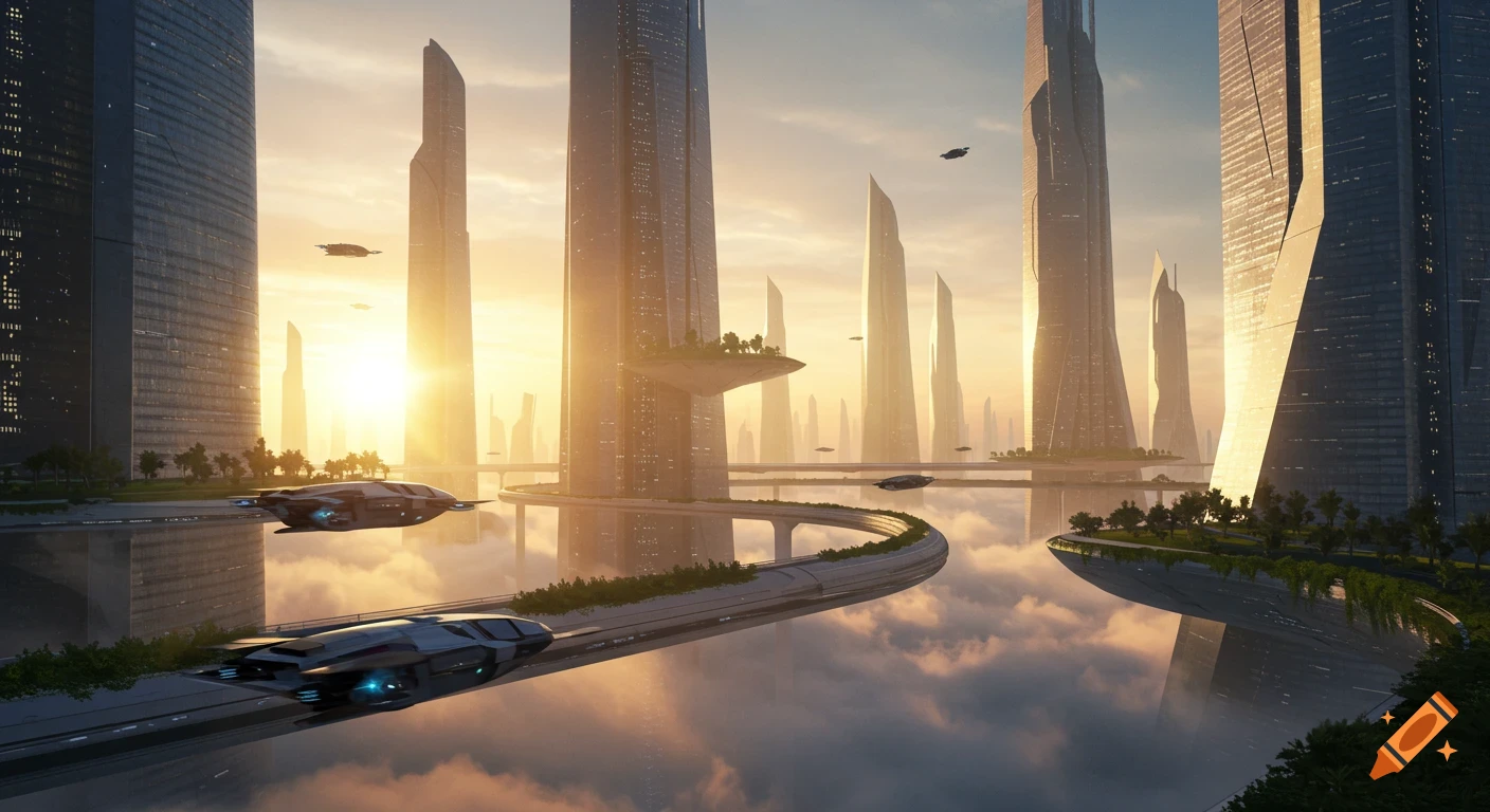 A stunning futuristic cityscape at sunrise with towering skyscrapers, elevated roadways, and flying vehicles over a cloud layer.
