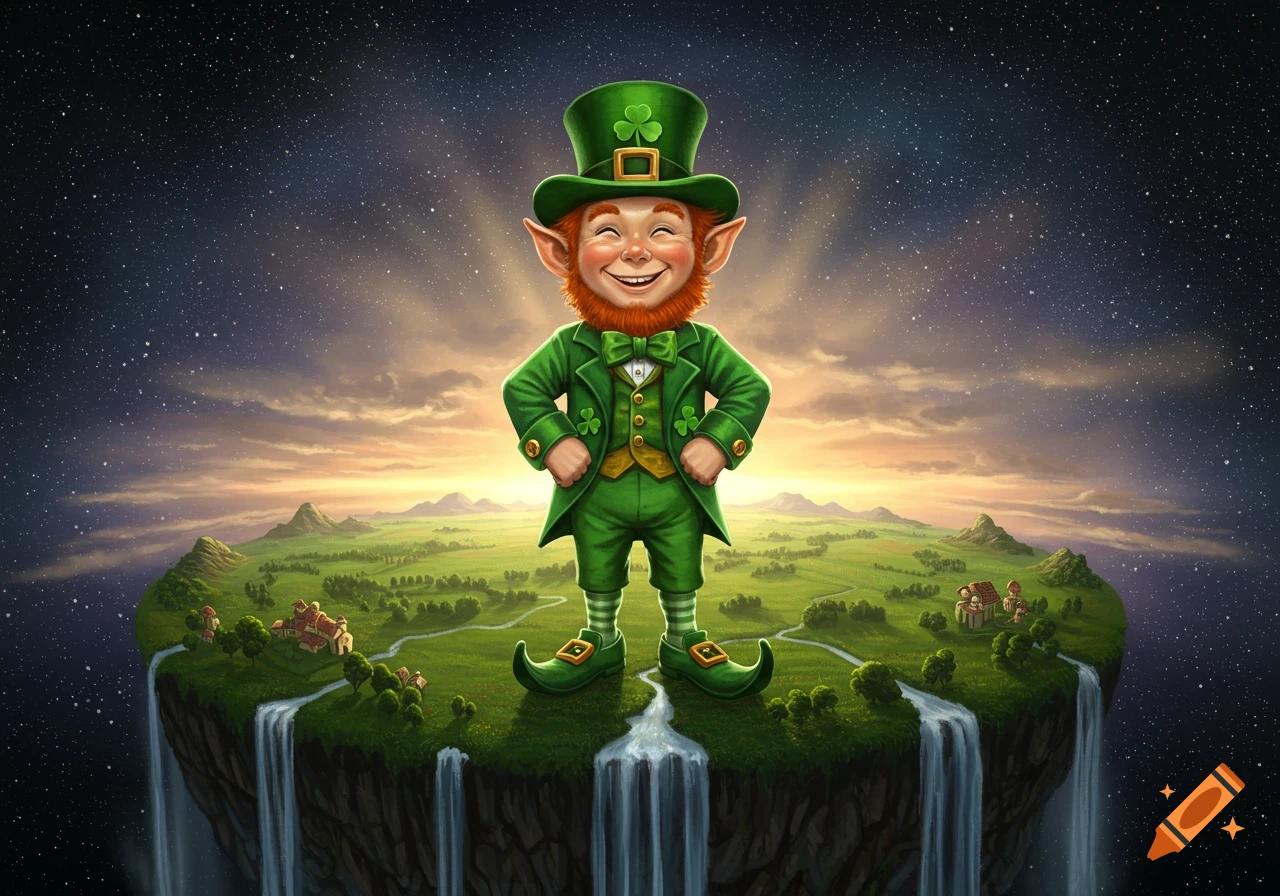 A smiling leprechaun in a green suit stands on a floating island with waterfalls, under a starry sunset sky.