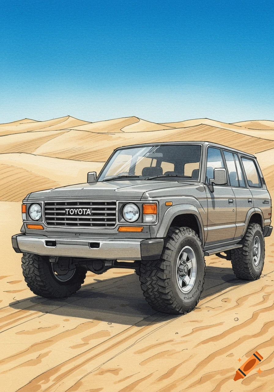 A grey Toyota Land Cruiser 60 series is parked in a sandy desert with dunes under a clear blue sky, in a sketch art style.