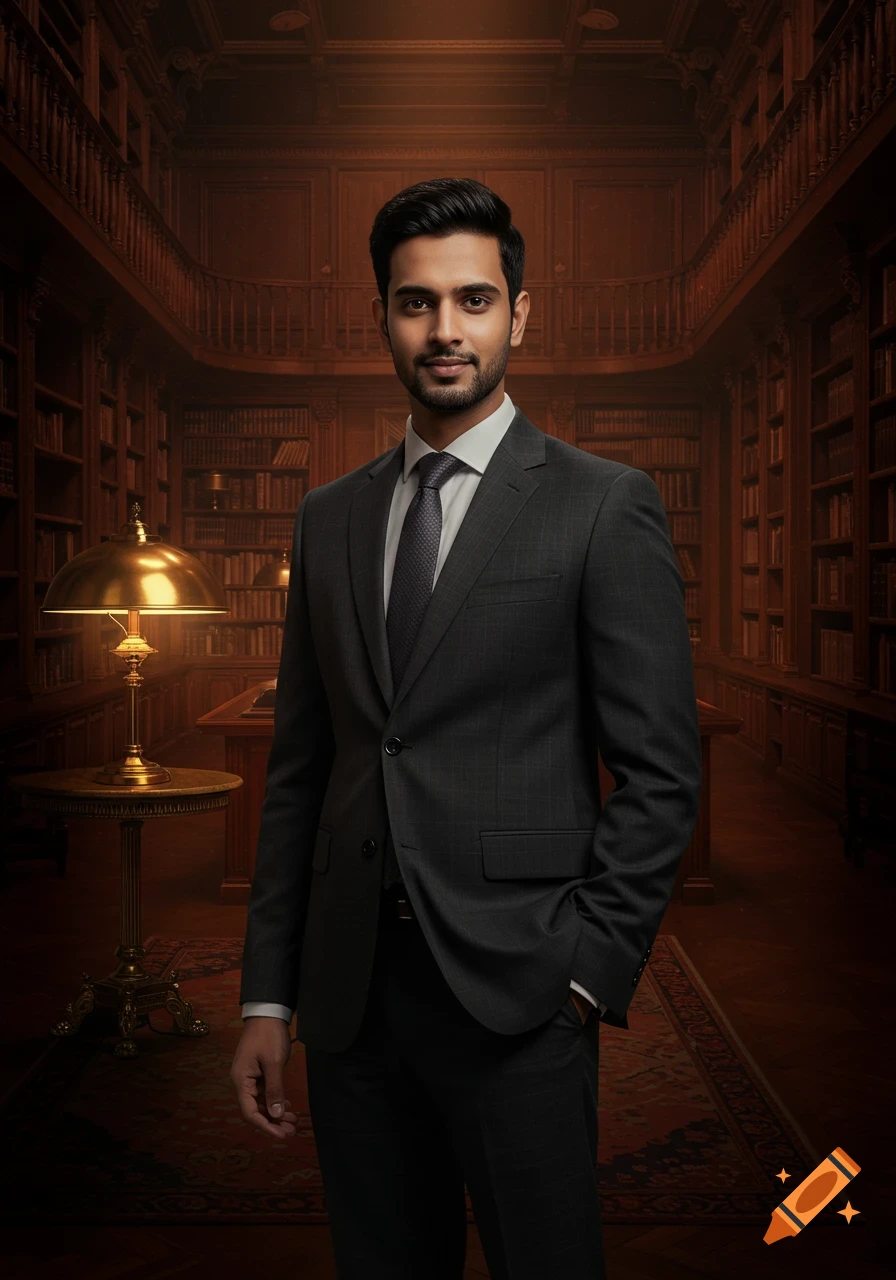 Photorealistic portrait of a man in a dark suit standing in an elegant, wood-paneled library.