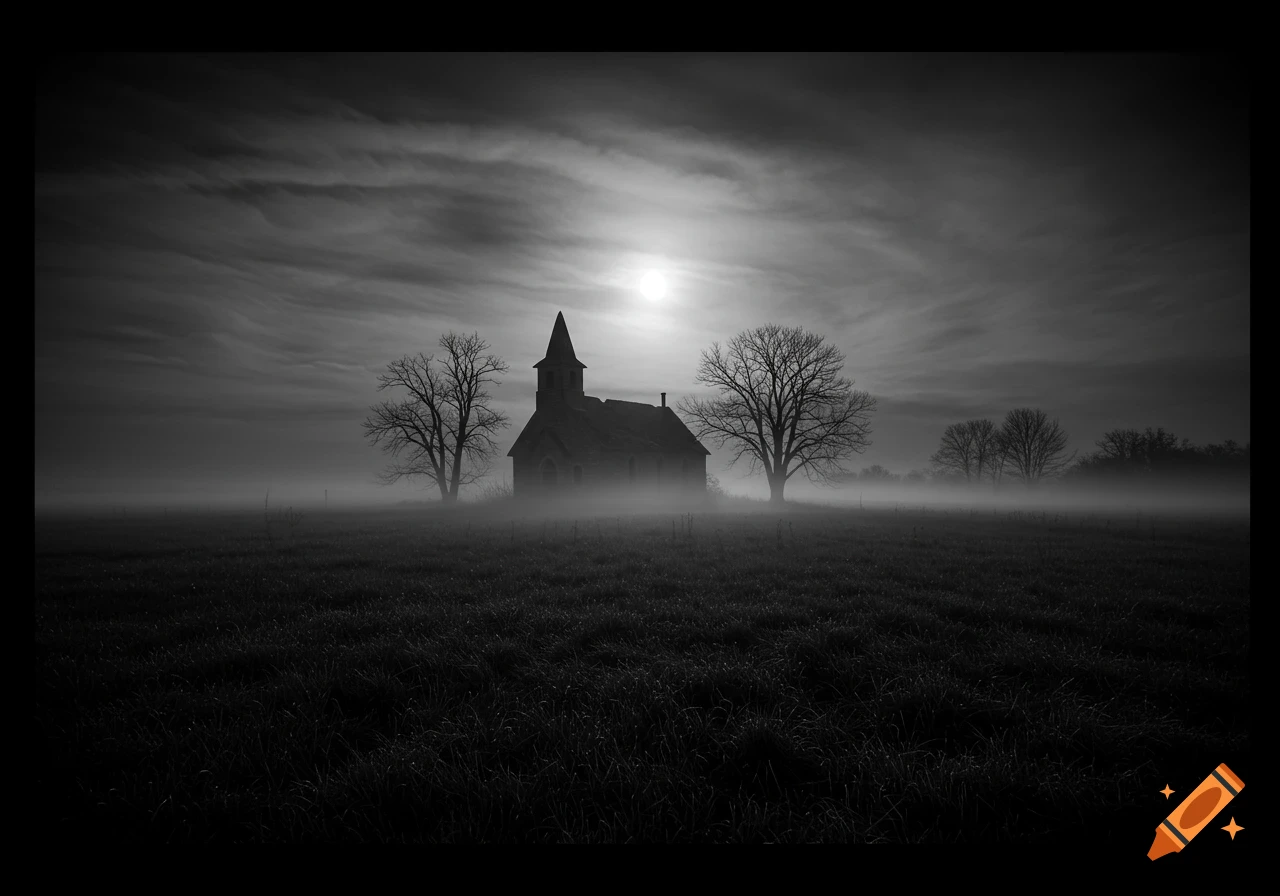 Black and white photo of an abandoned church in a misty, dark field with barren trees under a clouded sky, with a bright sun or moon
