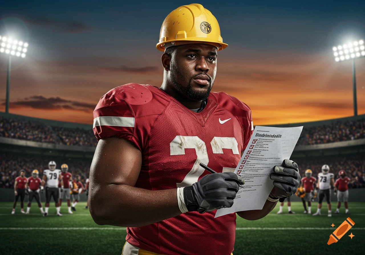 A muscular football player in a red jersey and a yellow hardhat stands on a stadium field, holding a checklist and a pen.