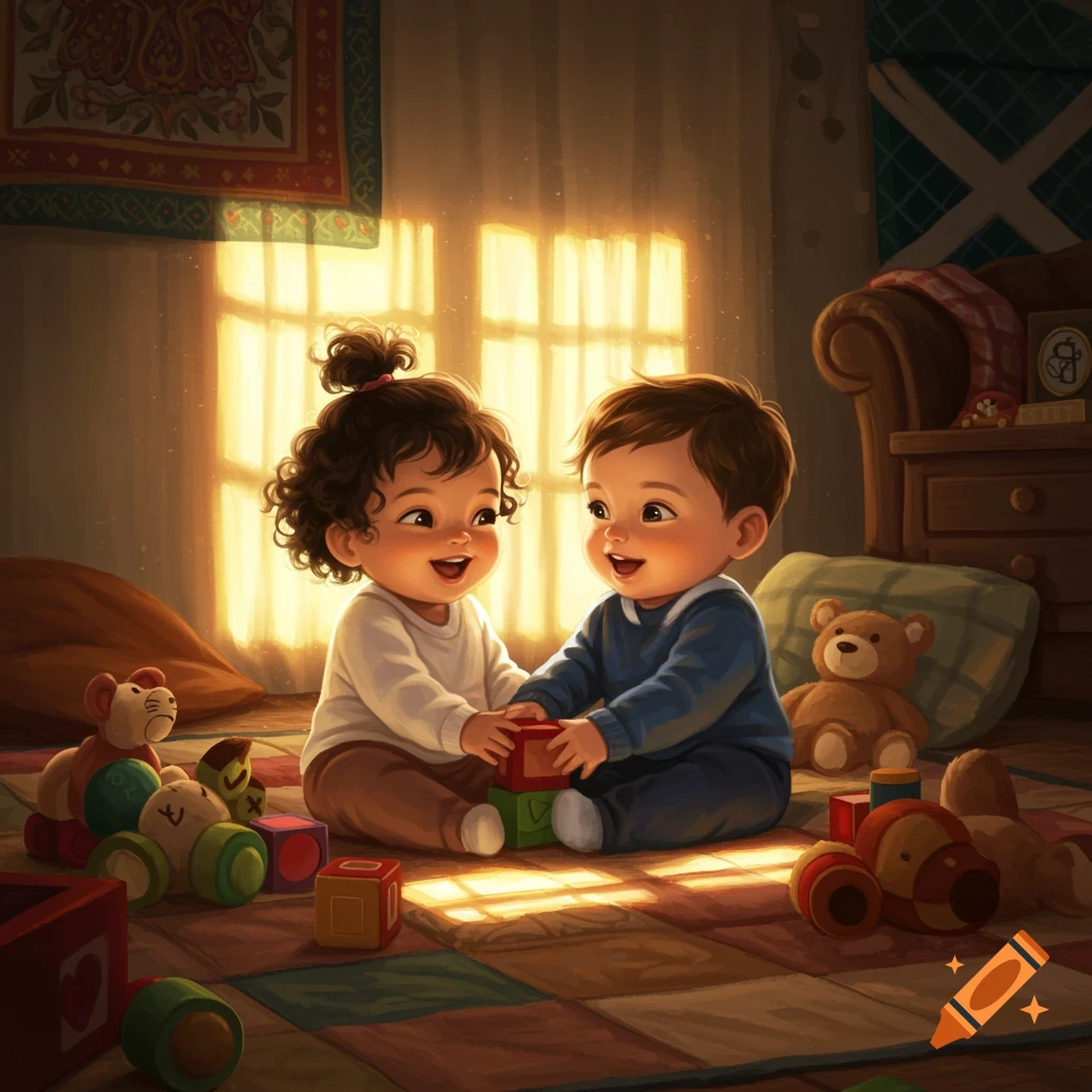 Two happy babies with curly and straight hair play with colorful blocks on a patterned rug in a sunlit room, digital illustration.