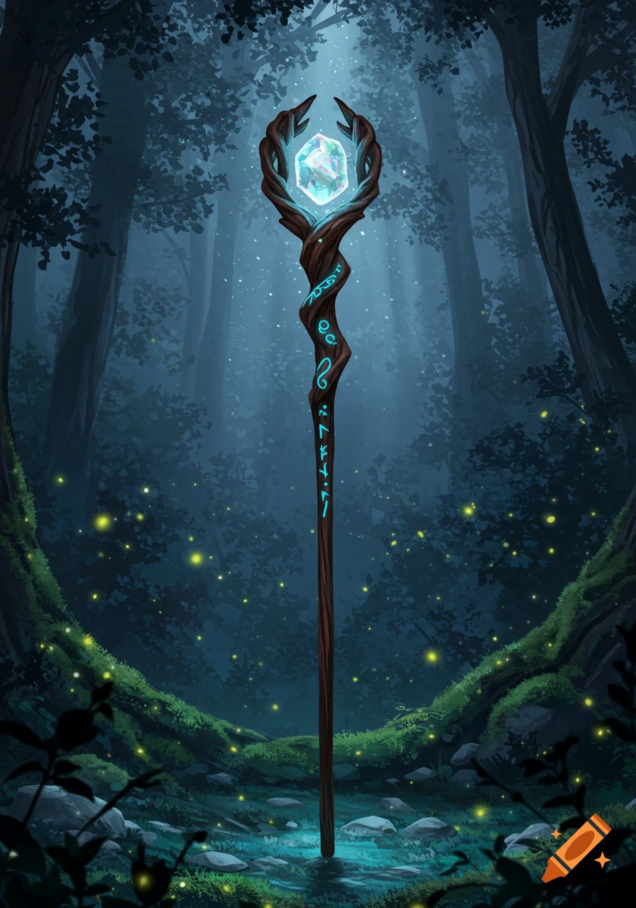 A glowing magic staff with an ice-blue crystal at its top stands in a dark, mossy forest with fireflies.