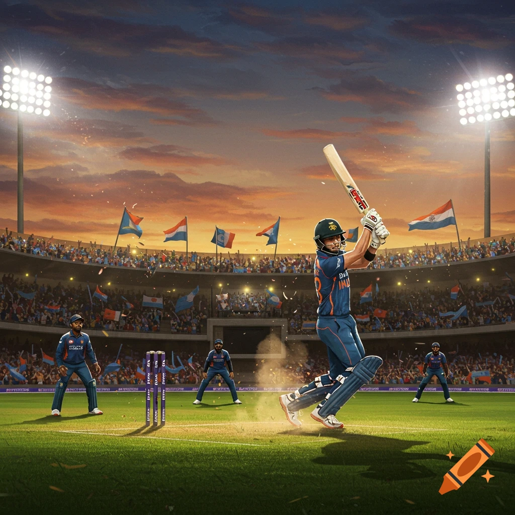 A cricketer bats during a match in a packed stadium under bright lights at sunset.