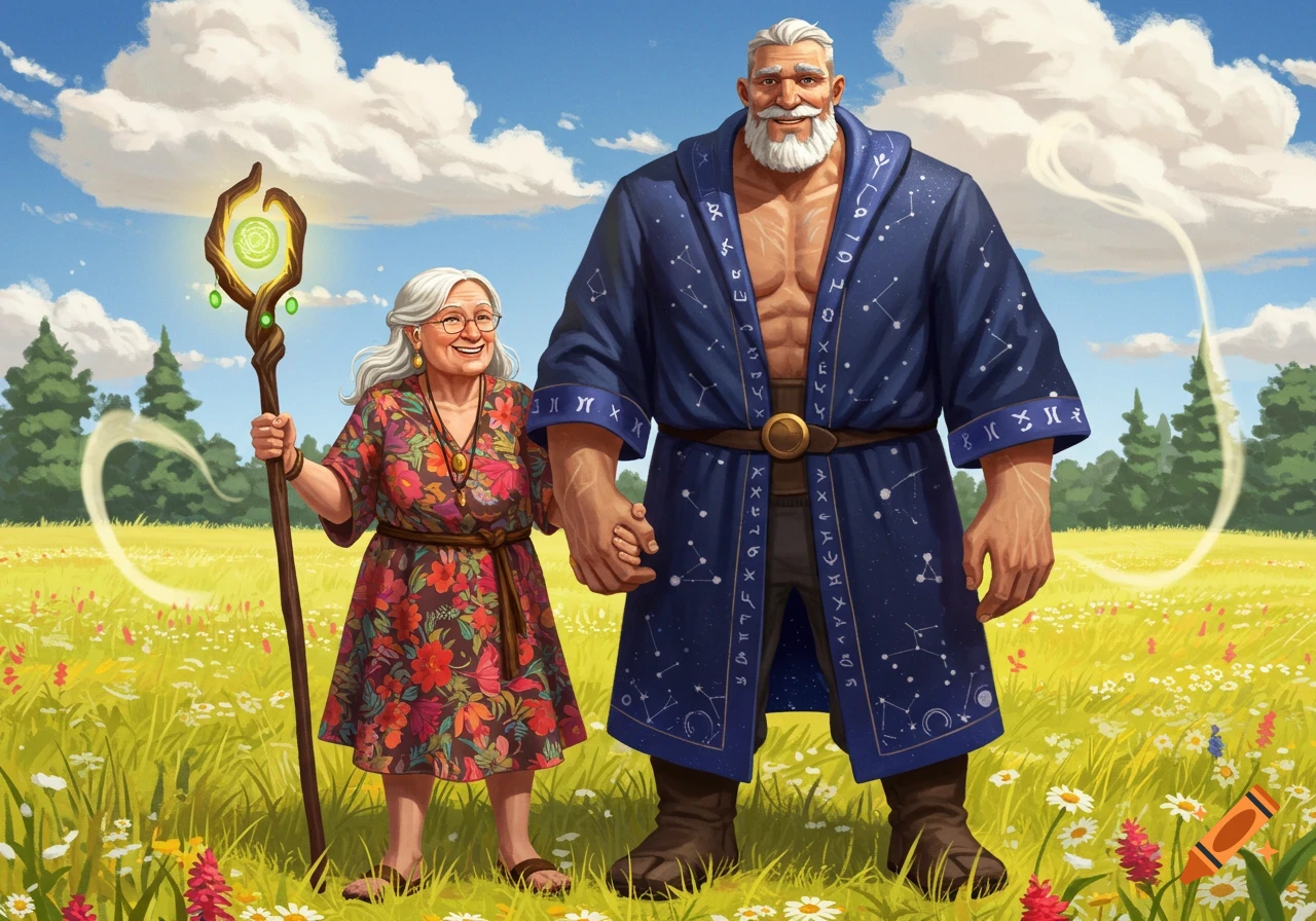 A cheerful elderly woman with a glowing staff and a muscular elderly man in a starry robe hold hands in a colorful flower field.
