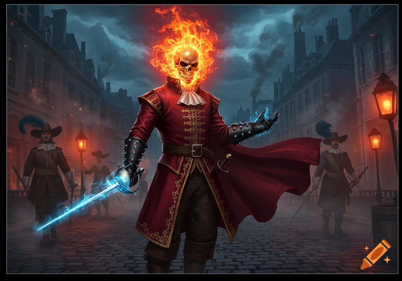 A fiery-headed musketeer in a red coat and armored gauntlets wields a glowing blue sword on a dark cobblestone street, accompanied by other musketeers.