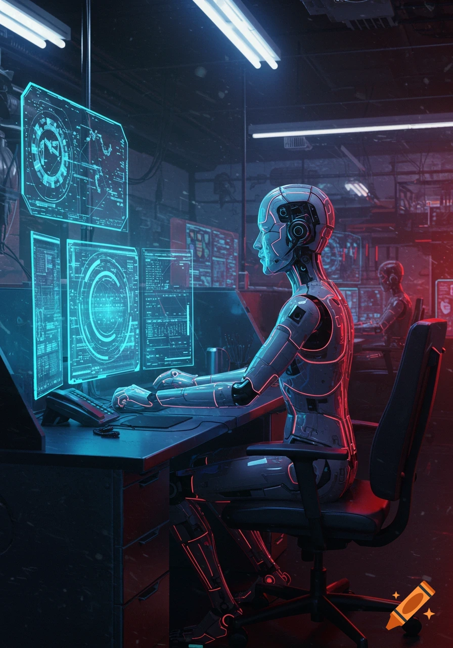 A humanoid robot with glowing red lines works at a computer in a dark, neon-lit cyberpunk control room with holographic screens.