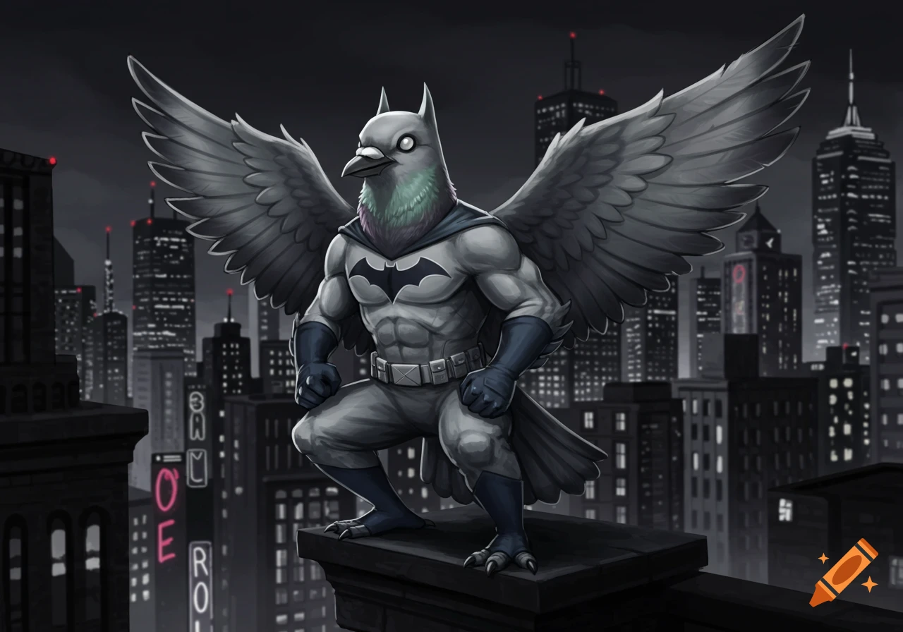 A pigeon-headed superhero in a Batman costume crouches on a dark city rooftop.