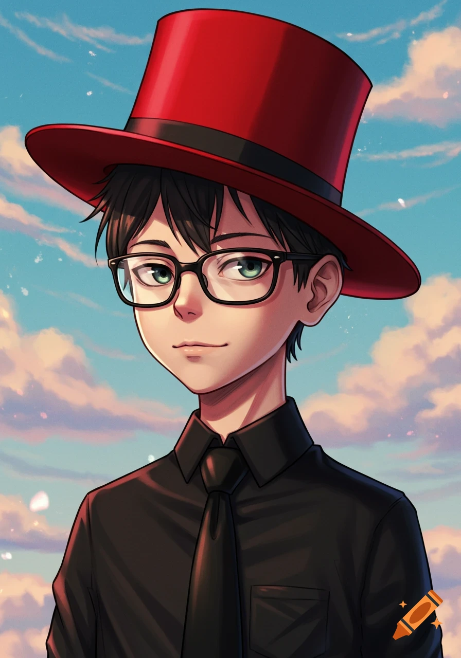Anime boy with green eyes, black hair, glasses, a red top hat, and a black shirt with a tie, against a cloudy blue sky.