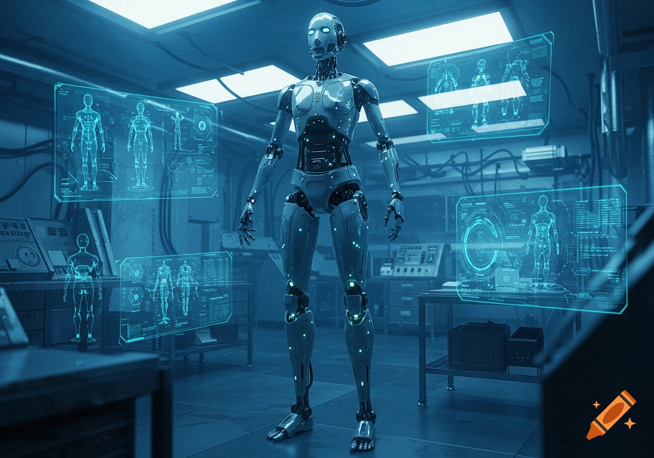 A sleek, humanoid robot stands in a futuristic blue-lit laboratory with holographic screens displaying data and schematics.