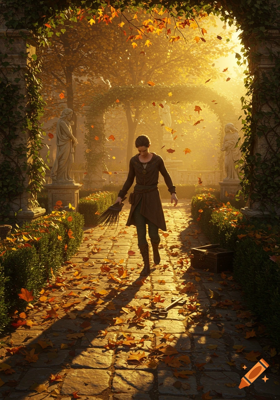 A person walks down a sunlit autumn garden path, strewn with golden leaves, past classical statues. They carry a small broom, with a large key on the ground.