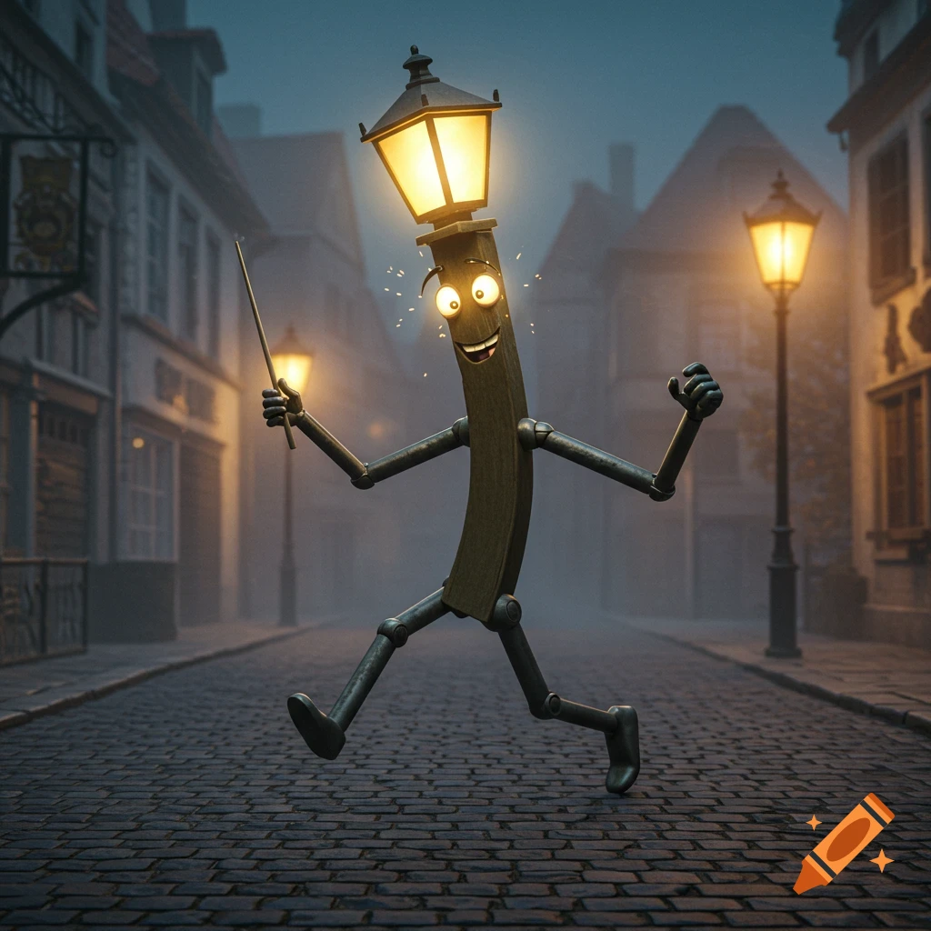 A cheerful anthropomorphic lamppost character with eyes, mouth, arms, and legs walks down a cobbled street in a foggy, old town at night, holding a thin stick.