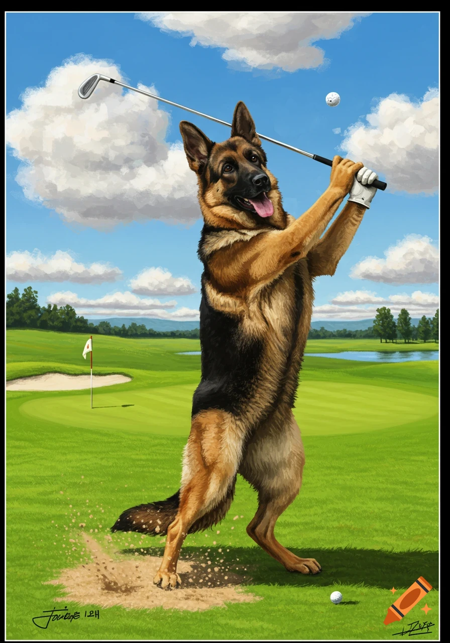 Illustrative painting of a German Shepherd dog standing on its hind legs, swinging a golf club on a green golf course under a blue sky.