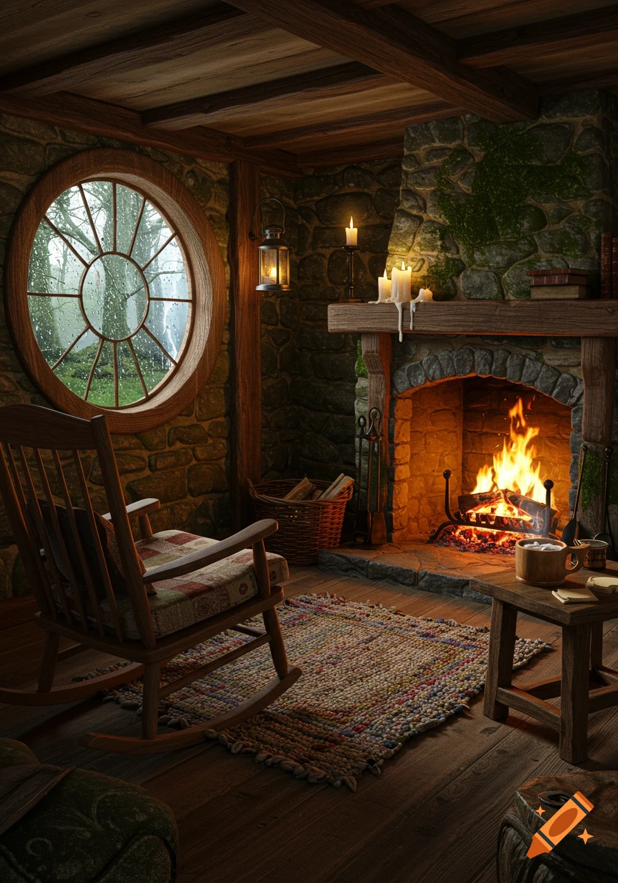 A cozy, rustic hobbit-style room with a warm fireplace, a rocking chair with a patched blanket, and a round window looking out at a rainy forest.