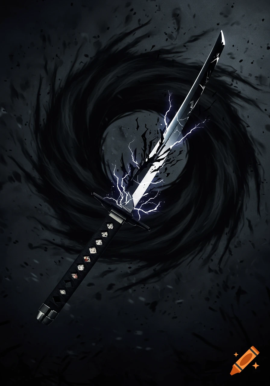 Stylized anime art of an obsidian katana with pale silver streaks and lightning, emerging from a swirling black void portal.