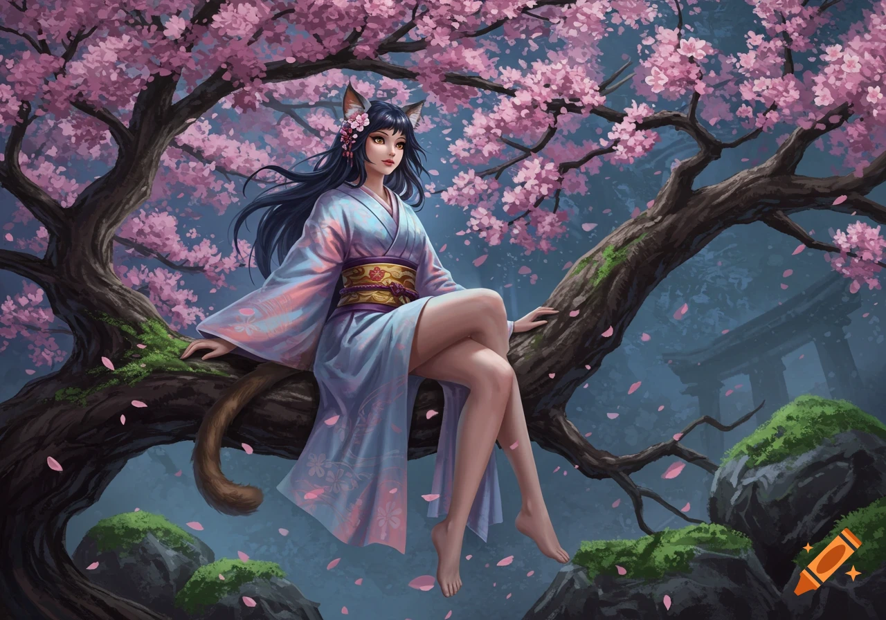 An anime-style cat girl in a light blue kimono sits on a tree branch under vibrant pink cherry blossoms, with a traditional Japanese gate in the background.