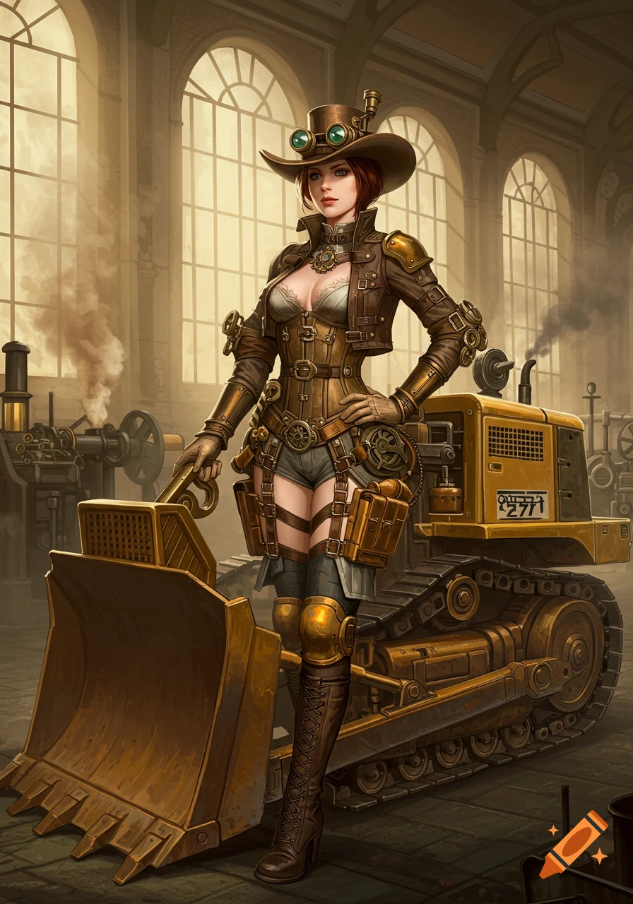 A steampunk woman in a brown leather outfit and hat stands next to a golden bulldozer in a workshop.