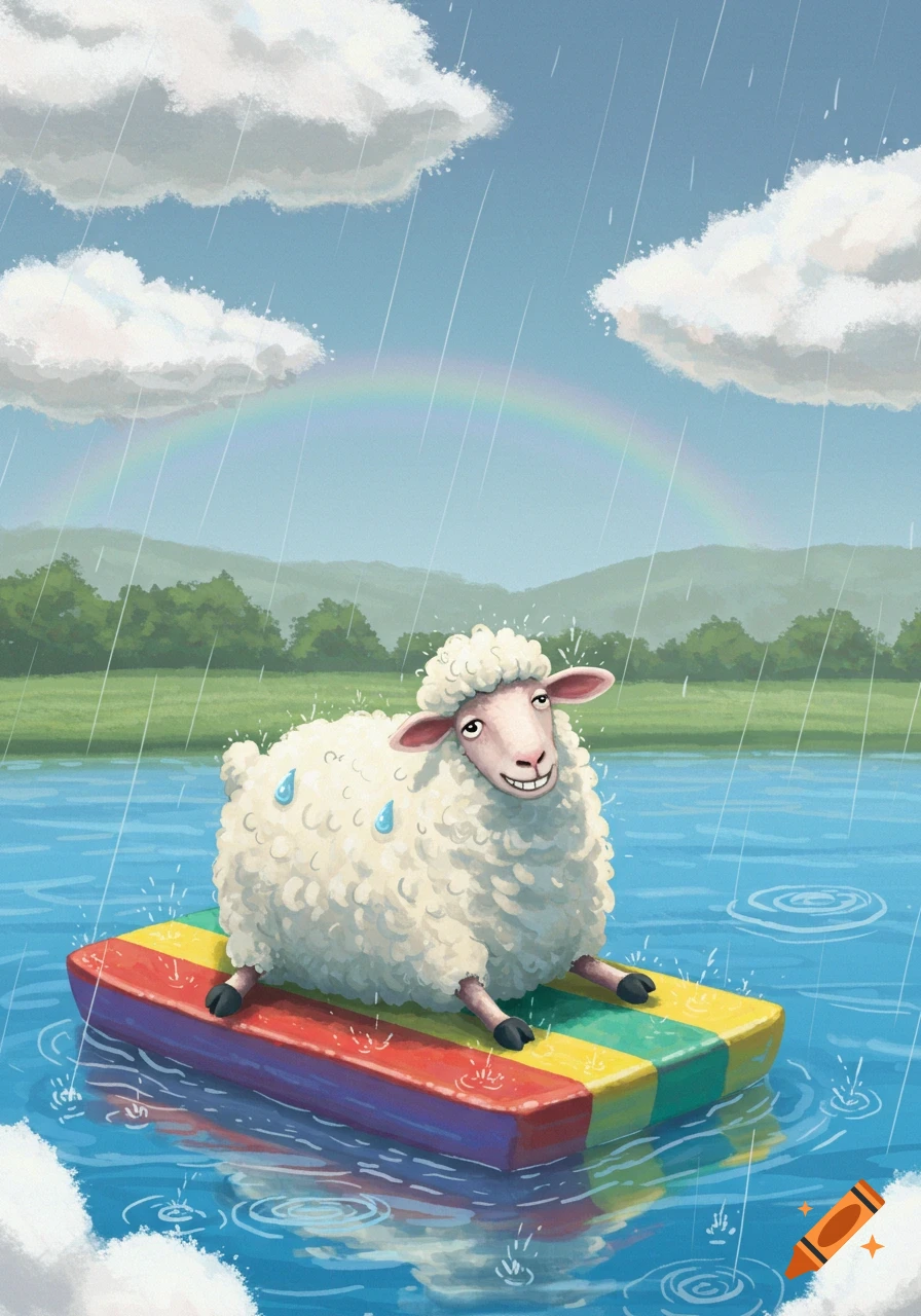 A whimsical cartoon sheep with a wide grin floats on a colorful pontoon in a rainy lake under a rainbow.