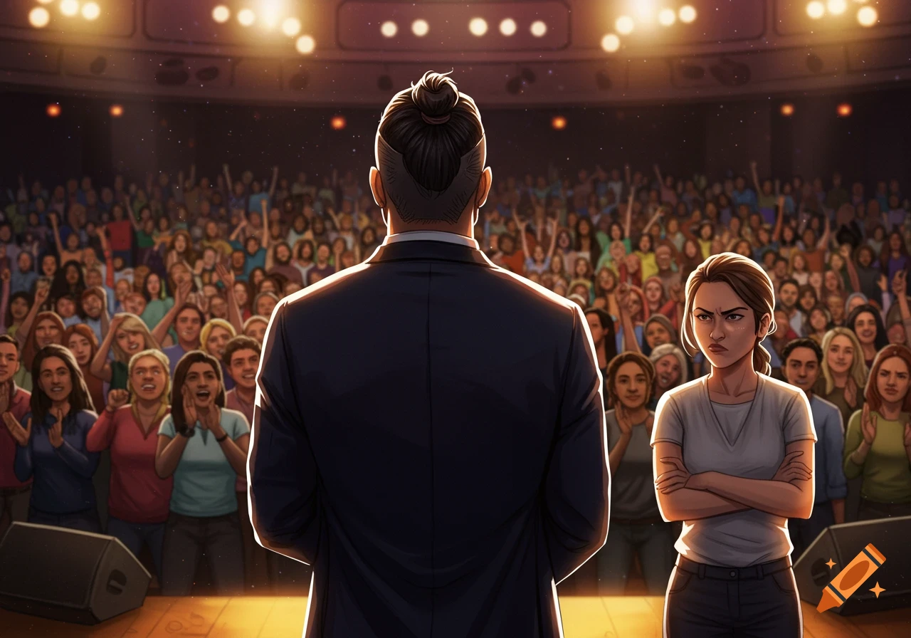 An illustration of a man on stage, seen from behind, addressing a cheering audience, with an angry woman to his right.