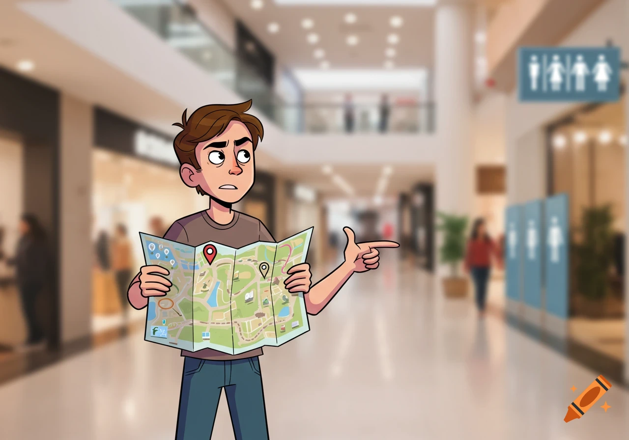 A confused cartoon man in a mall holds a map and points towards distant restroom signs.