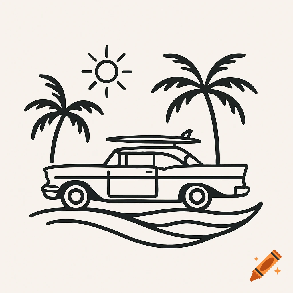 Minimalist line art illustration of a vintage car with a surfboard, two palm trees, and a sun above, on a wavy ground.