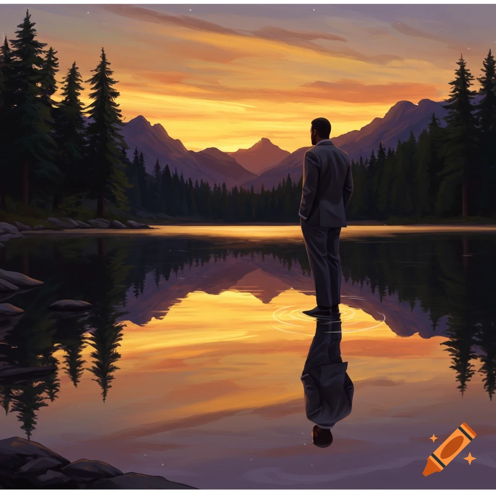 A man in a suit stands in a serene lake at sunset, surrounded by mountains and pine trees, with reflections on the water. Digital art style.