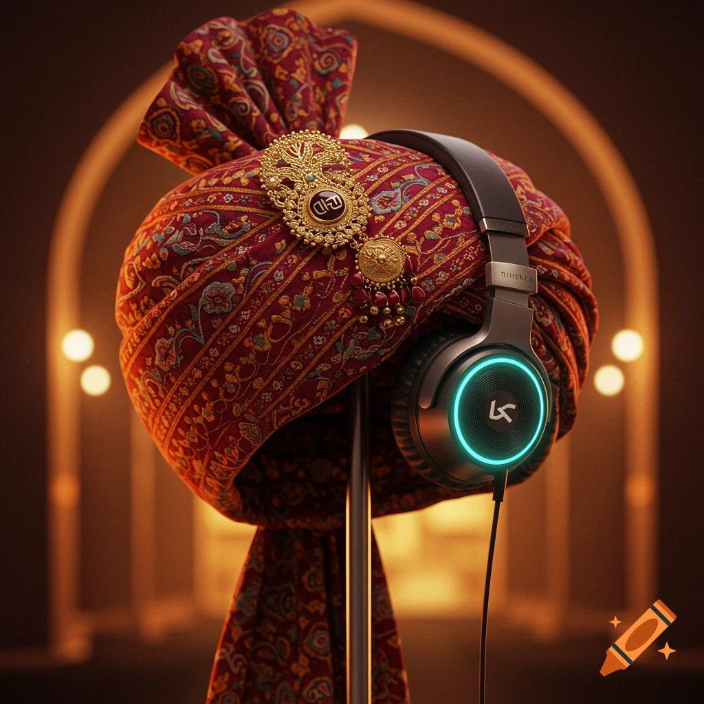 A decorative red and gold patterned turban adorned with a golden brooch, wearing modern black headphones with a glowing blue light on the earcup.