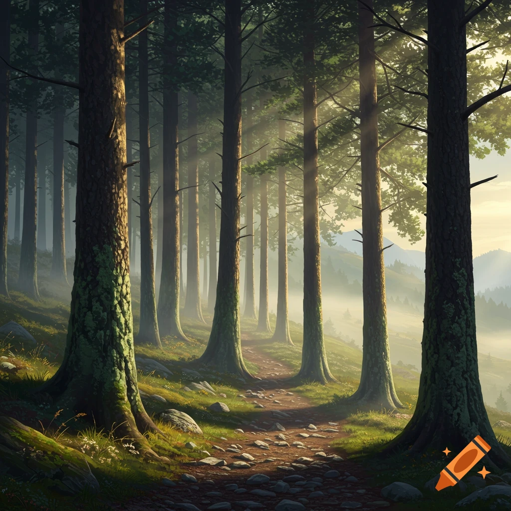A sun-dappled forest path winds through tall, mossy trees, with misty mountains in the background during golden hour.
