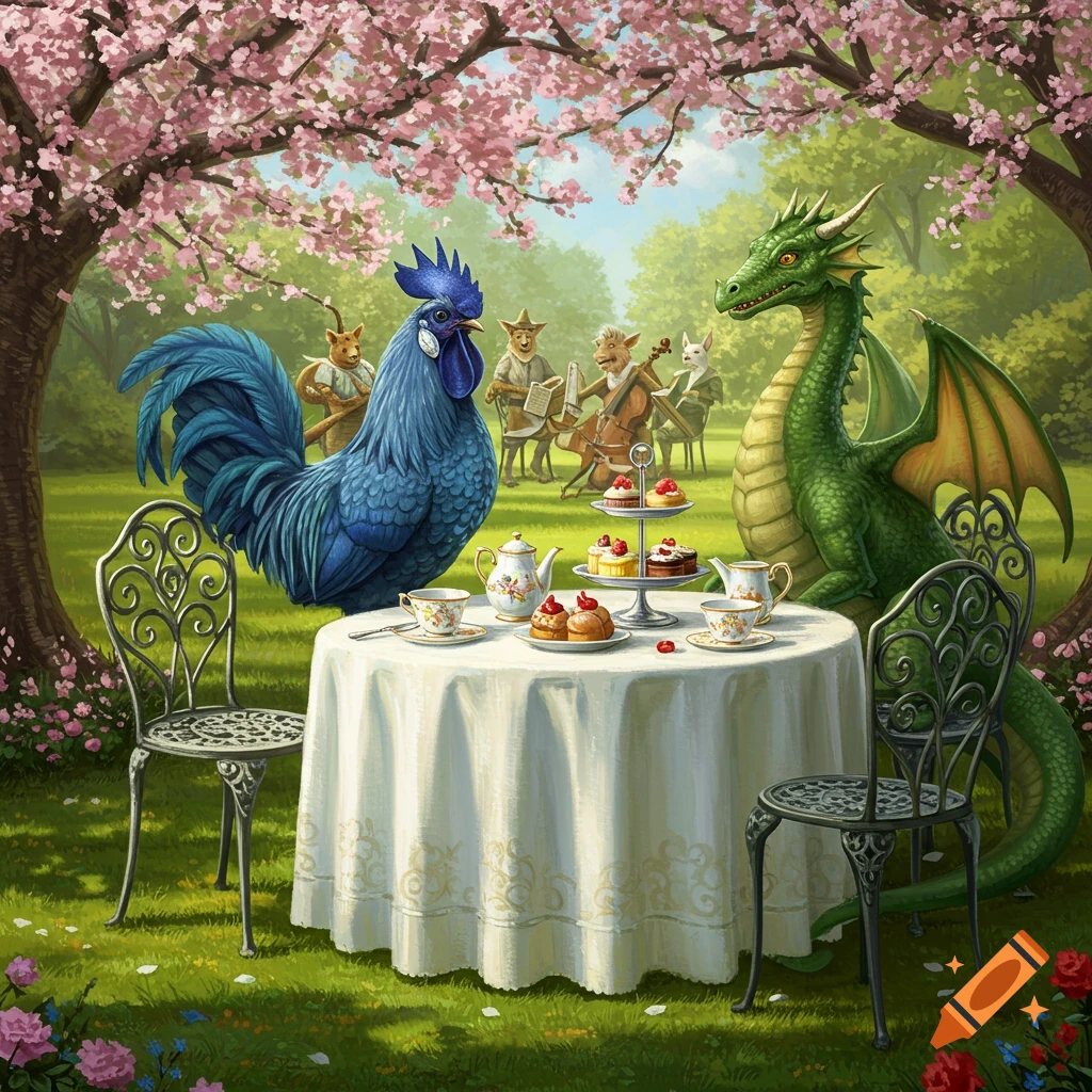 A vibrant illustration of a blue rooster and a green dragon at a tea party in a cherry blossom garden, with anthropomorphic animals playing instruments.