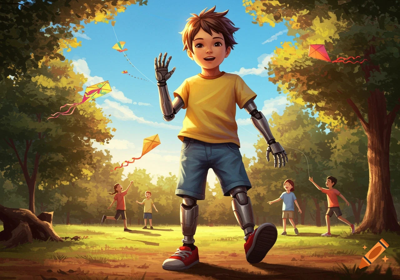 A smiling boy with prosthetic arms and legs waves while flying kites in a sunny park with other children, in a vibrant digital illustration.