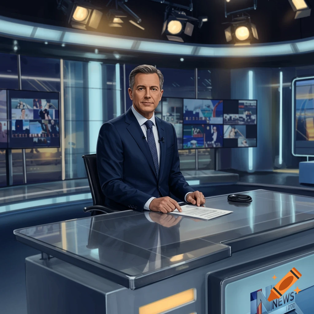Photorealistic image of a male news anchor in a blue suit sitting at a modern desk in a news studio.