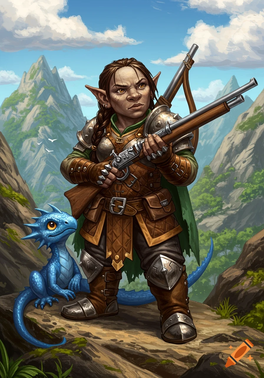 A female rock gnome ranger with a musket and her blue baby drake companion stand in a mountainous fantasy landscape.