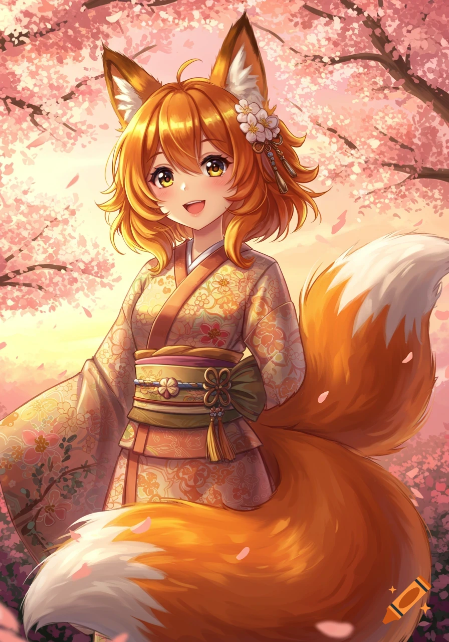 A smiling anime fox girl with orange hair and a bushy tail, wearing a floral kimono, stands among pink cherry blossoms at sunset.