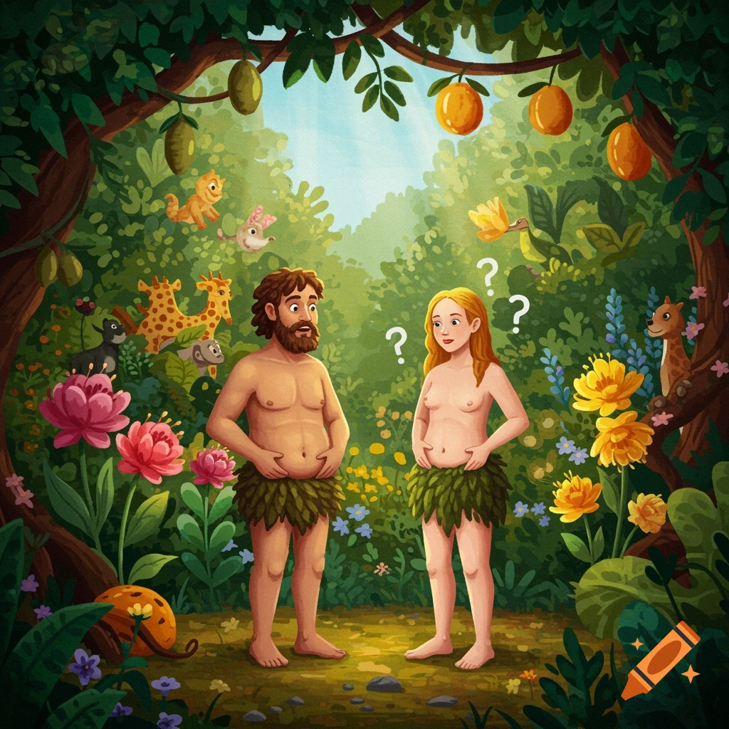 Cartoon Adam and Eve in Garden of Eden, confused with question marks, surrounded by lush plants and animals.